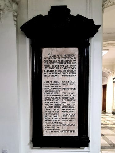 Memorial in the former Institute of Engineers and Shipbuilders on Elmbank Crescent in Glasgow for the engineers of the Titanic, who all died when it sank in 1912.