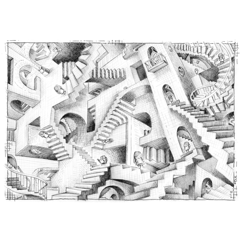 Tuschezeichnung auf A4. Die Fliege läuft mehrere verwirrende Treppen auf und ab, frei drauflosgezeichnet, aber viele Grüße an M.C. Escher.