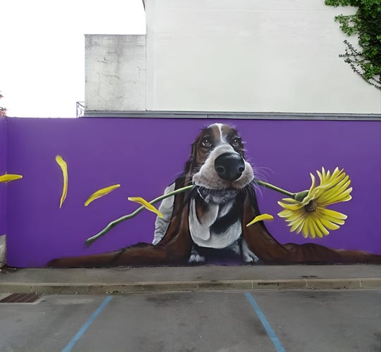 Streetartwall. A mural of a dog with a yellow flower in its mouth was sprayed/painted on the purple-colored exterior wall of a one-story house. The long-eared beige/white basset hound holds a small sunflower in its mouth, from which individual petals fly across the wall.
The wall faces a parking lot. So you can park right in front of the dog. It was the American artist's first "large" wall.