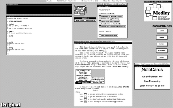 A black and white screen that looks like the early X11 screens. There's an empty prompt window, an exec window where I'm trying to (and failing) to quit the system), and a demo note card application with a handful of open windows that I'm trying to examine.