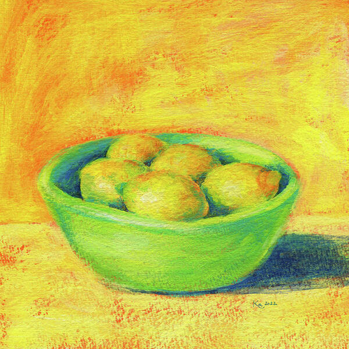 Fresh lemons in a green bowl is an acrylic stilllife painting in contemporary square format painted by artist Karen Kaspar. A green bowl with five fresh yellow lemons is standing on a table, the background is abstracted. The painting is painted in a loose spontaneous style in vibrant shades of fresh sunny yellow, green, blue and orange. 