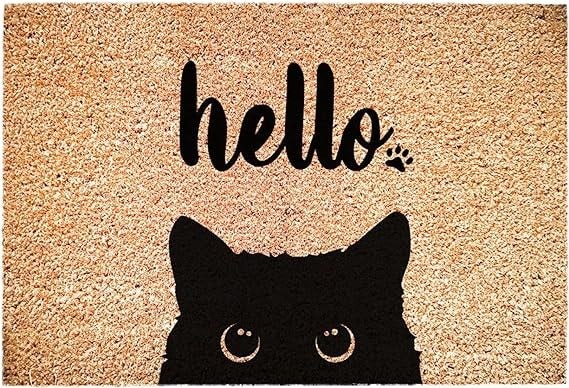 #MatsOfCastodobn
door mat with hello and top half of cats head showing its eyes and ears looking at you as if it was saying the hello - which of course is ridiculous - its a cat on a mat.
