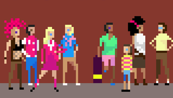 Several low-res pixel art stick figures standing around, idle.