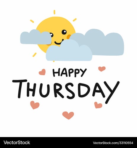 The image features a cheerful and cute illustration centered around the phrase "Happy Thursday". At the top, there's a smiling sun peeking from behind two fluffy, light blue clouds. The sun has a friendly face with eyes closed in a joyful expression and its rays slightly extend beyond the clouds. Below the sun and clouds, the words "Happy Thursday" are written in a playful, bold, and irregular black font. Scattered around the text are three small hearts in a light pink color, adding to the overall joyful and affectionate vibe of the image. The background is plain white, which makes the colors and elements stand out clearly.