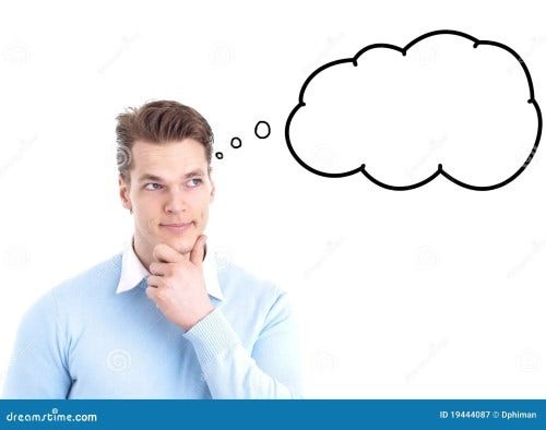 Stock image of a man thinking of something. There's a completely empty thought bubble coming from his head.