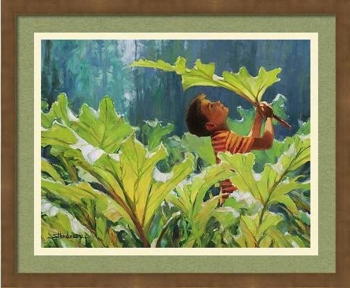 Framed print of an original painting depicting a young boy playing in the midst of a rhubarb patch. He holds a large leaf over his head.