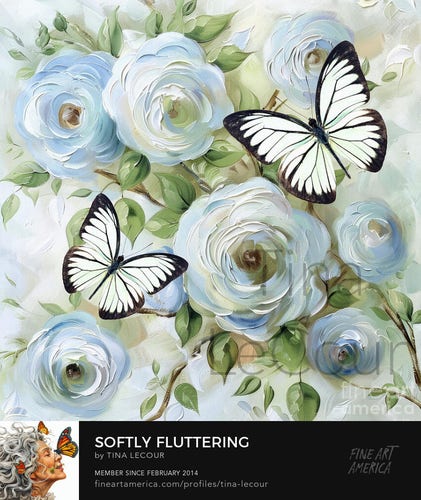This is a mixed media image of a soft floral rose background with two big white butterflies fluttering over the roses. 