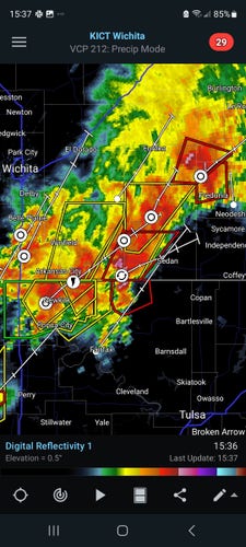 Radar image showing Tornado and rotation south of Wichita KS