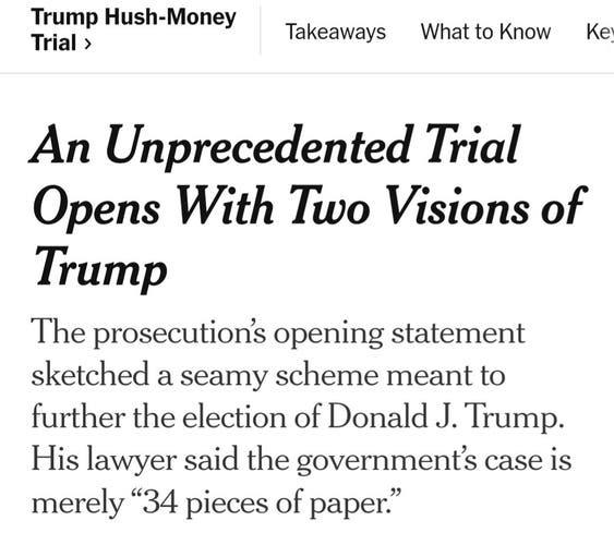 An Unprecedented Trial Opens With Two Visions of Trump
The prosecution’s opening statement sketched a seamy scheme meant to further the election of Donald J. Trump. His lawyer said the government’s case is merely “34 pieces of paper.”