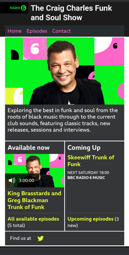 The Craig Charles Funk & Soul Show website showing Skeewiff's Trunk of Funk "coming up"