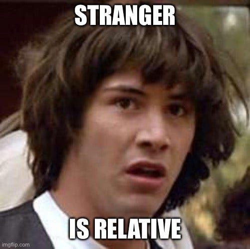 Keanu conspiracy meme with the words “Stranger is Relative”