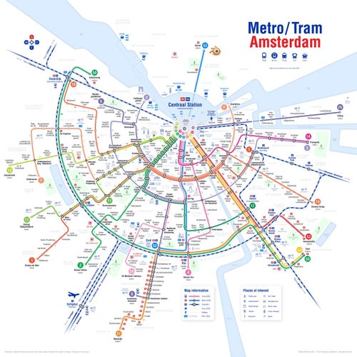The image shows a tube map of the city of Amsterdam on which all public transport lines run in colourful concentric circles along the canals. The main station appears as the centre or starting point.  