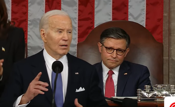 Biden front and poop face Mike Johnson with his depressing face in the back