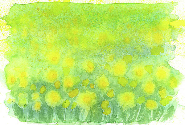 Spring meadow with dandelions is an abstract watercolor painting in landscape format by artist Karen Kaspar. It shows a fresh green spring meadow with bright yellow dandelions flowers. 