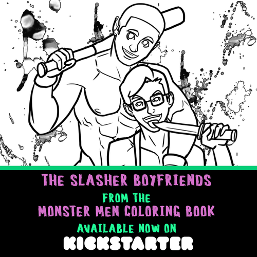 Promo graphic for my Monster Men Coloring Book Kickstarter that shows the Slasher Boyfriends page.