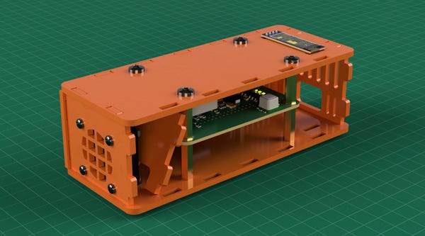3D render of a PCB mounted inside a case made of orange acrylic, also containing a fan, an airflow guide, and a small OLED screen.