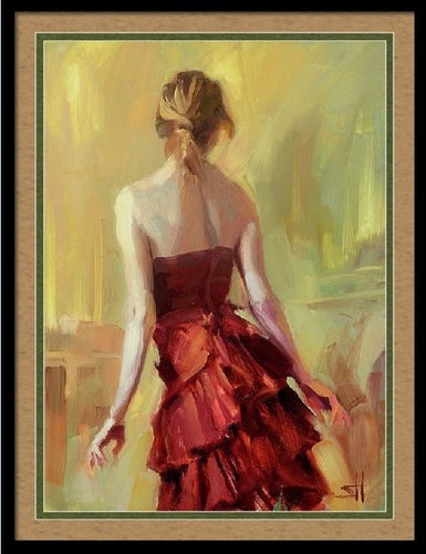 Framed print of an original oil painting of a young woman, her back to us in a dancer's pose, in a ruffled party dress.