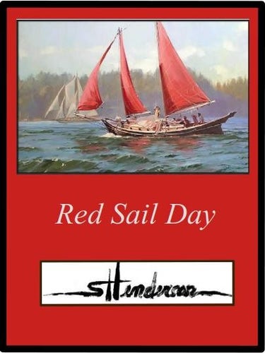 Canvas print of an original oil painting by Steve Henderson depicting a sailboat with red sails gliding through the bay.