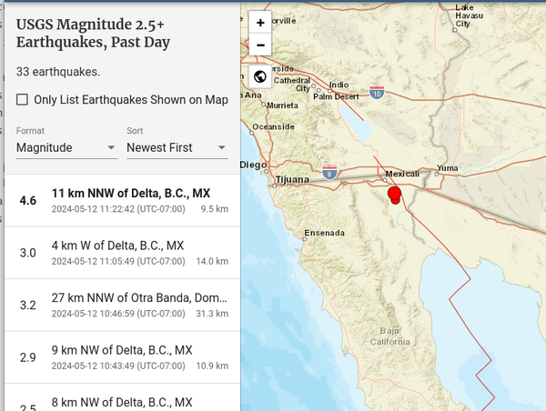 Map showing M4.6 earthquake near Mexicali