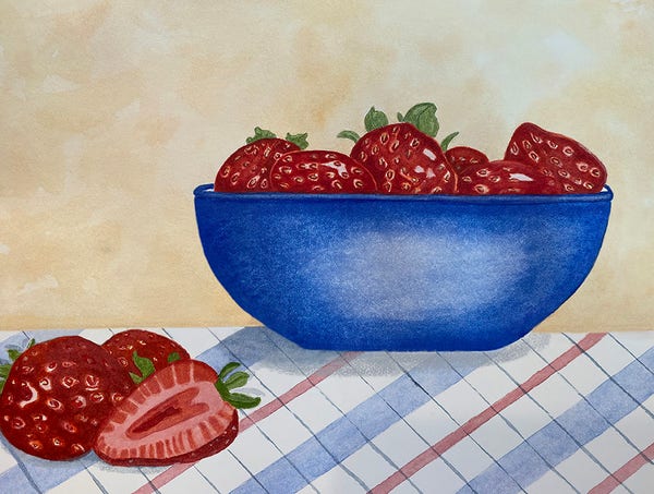 Summer Strawberries In Grandma's Kitchen Watercolor Painting

Summer Strawberries In Grandma's Kitchen watercolor painting epitomizes one of the seasons great pleasures. Ripe fruit from the garden picked at the height of freshness. It reminds me of being in my grandmother's country kitchen, which during the summer was always bursting with bounty from the garden located just a few yards outside her back door.

Stylized pop art of juicy red berries mounded in a blue pottery bowl on a classic red, white and blue plaid tablecloth.