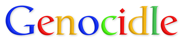 "Genocidle" styled like the mid 2010s Google logo