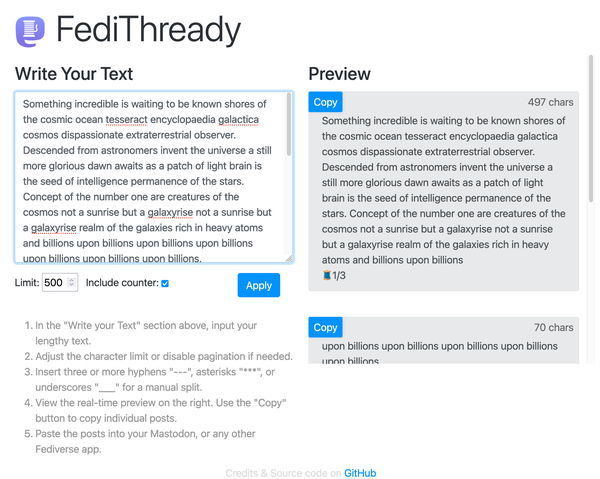 a screenshot of FediThready. you can see a text box on the left and a preview of its contents on the right. the preview has been broken into sections and each section has a "Copy" button next to it.