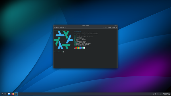A screenshot of Plasma 6, with NixOS neofetch in the center.
