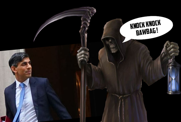 Meme of the Grim Reaper standing behind the unelected PM of English saying 'Knock Knock Bawbag'