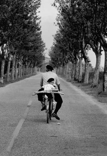 1955 photo by Elliott Erwitt entitled: "Provence (Bicycle and Baguette)"

The classic black-and-white photo is of a man in dark pants, a light shirt and a beret riding a bicycle away from the photographer down a road lined nearly symmetrically with trees. Behind the man and turning to face the photographer is a young boy, also in a light shirt and beret. Behind the boy are two baguettes strapped across the bicycle's rear rack.