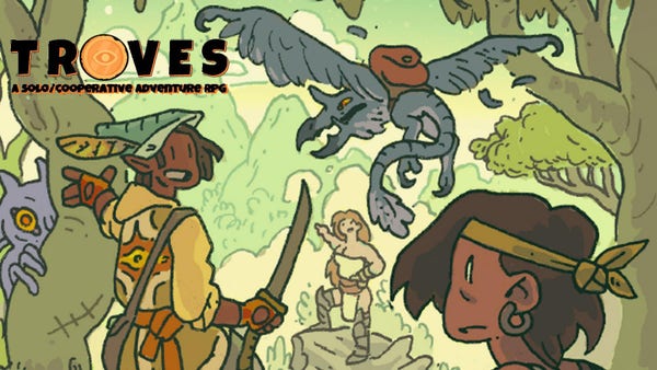 A cute bright cartoon-style drawing of three D&D type adventurers hiking in a jungle with a flying drake carrying supplies for them. Overlaid text: Troves - A Solo/Cooperative Adventure RPG