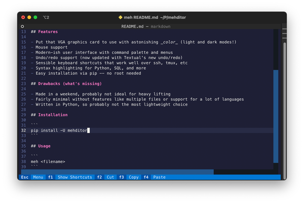 Screenshot showing terminal open to Mehditor, describing its features