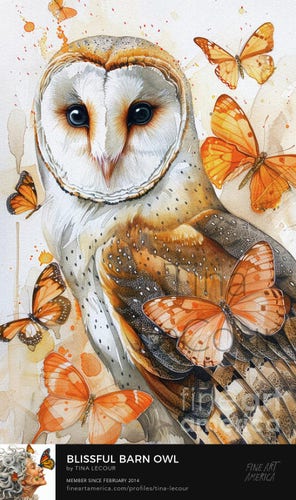 This is a mixed media watercolor of a beautiful barn owl surrounded by orange butterflies.