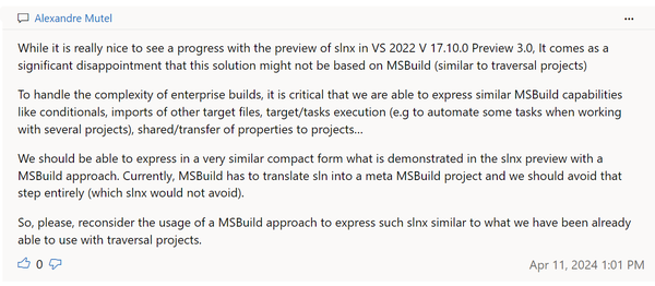Screenshot of my comment about the new slnx preview not using MSBuild
