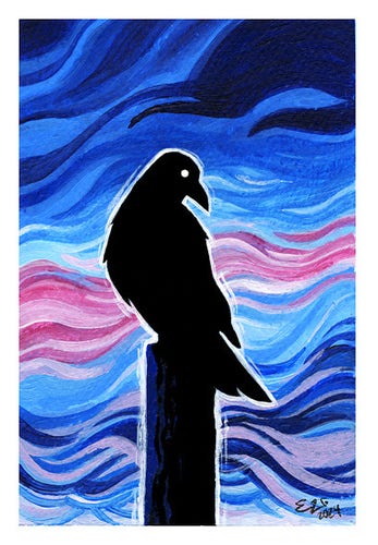 An acrylic painting of a stylized crow in silhouette sitting on a post staring at the viewer, against a swirling sky backdrop of blues, purples, and a small section of pink in the center.