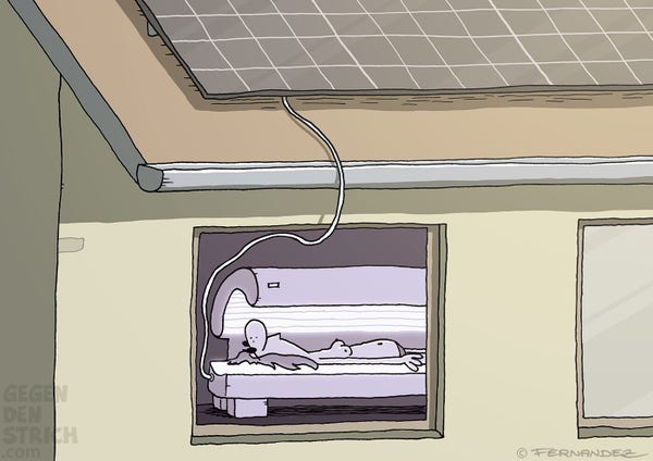 Cartoon: Auf dem Dach sind Solarpanele verlegt. Ein Kabel führt von dort nach unten ins Haus, direkt zu einem Solarium, unter dem eine Frau liegt.