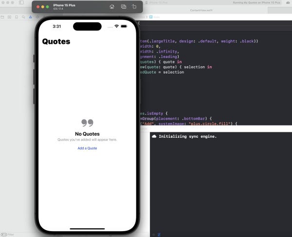 Xcode running a simulator showing a quotes app.