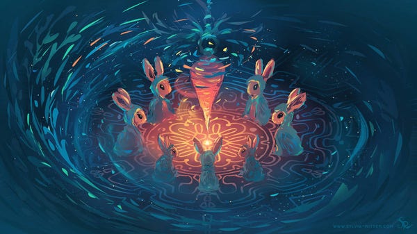 Seven cute bunnies summon the carrot oracle with a sacred carrot pendulum in the middle. The floor is glowing with an intricate pattern. Swirling magic surrounds this cute little crowd wearing blue-turquoise capes. May they bring us a bright future. https://www.deviantart.com/sylviaritter/art/Speedpainting-18012023-945702169
