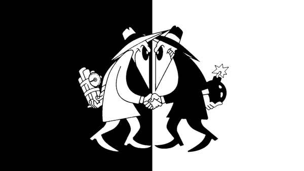 Iconic Spy vs Spy drawing, White and Black Spy shaking hands, while holding bombs behind their backs
