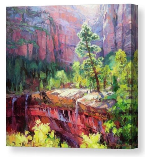 Canvas print of an original oil painting depicting sunset rays dancing over the cliffs and trees of Zion National Park, Utah., USA.