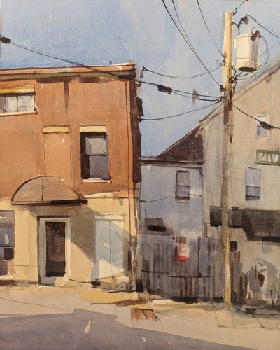 Watercolor paintings of buildings along Mill Street in Middlebury, Vermont. A building on the left stands with its top two floors in red brick. Separate the top stories from the ground floor in yellow brick is a sign less store awning casting an angled shadow below and to the right. Underneath the awning is an exit door. Immediately to the right of the building is a small recessed white stucco building covered in blue shadow behind a fence with an indescript sign. To its right is a yellow stucco building with an angled roof sitting behind a telephone pole with its upper half cast in stark sunlight. Various wires run out of frame and to and the pole and its transformer