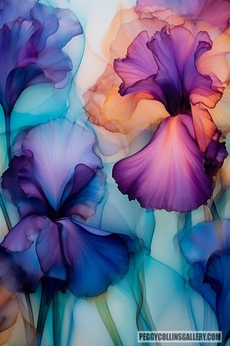 Colorful artwork of irises, by artist Peggy Collins.