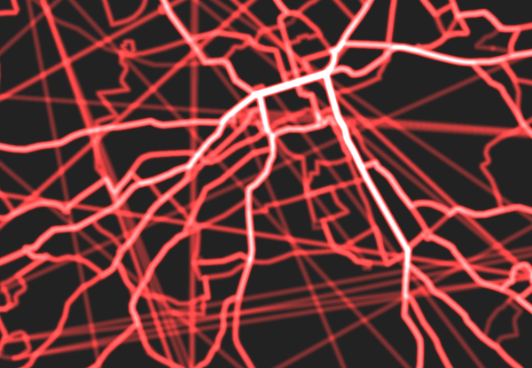 a black canvas with a network of squiggly red lines drawn over it. the red lines have a glowing effect like neon lights. the glowing effect is more intense for some parts of some of the lines. there is a central nucleus of glowyness within the network. there is also a bunch of straight red lines that are less prominent that shouldn't be there. oops.