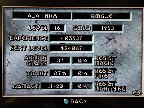 A screenshot of my character info in Diablo on my modded PS1 mini. Alathra the rogue is level 16! 