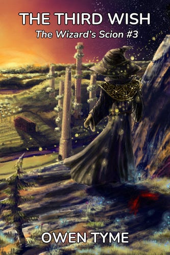 The cover of The Third Wish, illustrated by Ryan Johnson.

The Steel Wizard, Levi Jacobs, stands on a mountain top, overlooking the city of Heart Forge.  He's dressed in a black wizard's hat and robe, with glittering, golden decorations, while magic sparkles around his hand.

In the background, the sun is setting and up above, the stars are beginning to come out.

Lurking in Levi's shadow are the red eyes of Levi's familiar, Inorath, who used to be the monster that hides under the beds and in the closets of children.