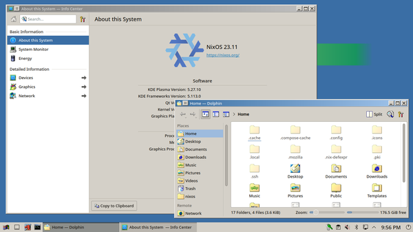 A screenshot of my laptop running NixOS 23.11 but skinned to look very similar to Windows 2000.