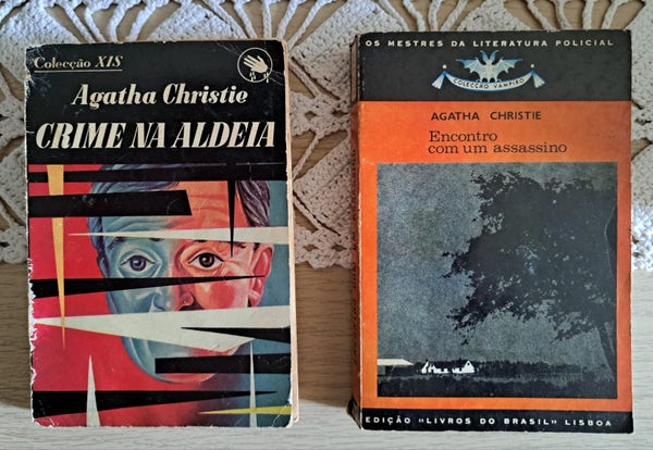 The first two translations to Continental Portuguese of this book gave it different titles: "Crime na Aldeia" (Crime in the Village) and "Encontro com um assassino" (Encounter with a murderer). This picture shows both, side by side.