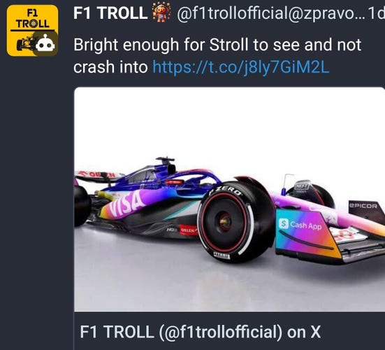 Car of Ricciardo: "Bright enough tonsee and not crash into" printscreen of a post as example.