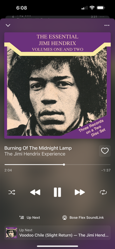A screenshot from the Doppler app on an iPhone. The album playing is “The Essential Jimi Hendrix Volumes One And Two”, a 2-CD compilation released in 1989 on Reprise Records. 