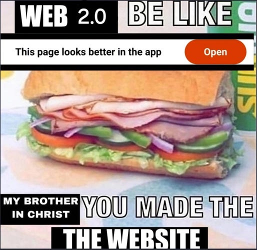 A subway sandwich meme saying “web 2.0 be like” “this page looks better in the app” (a screenshot of that sentence from Reddit) and the response being “my brother in christ you made the damn website”