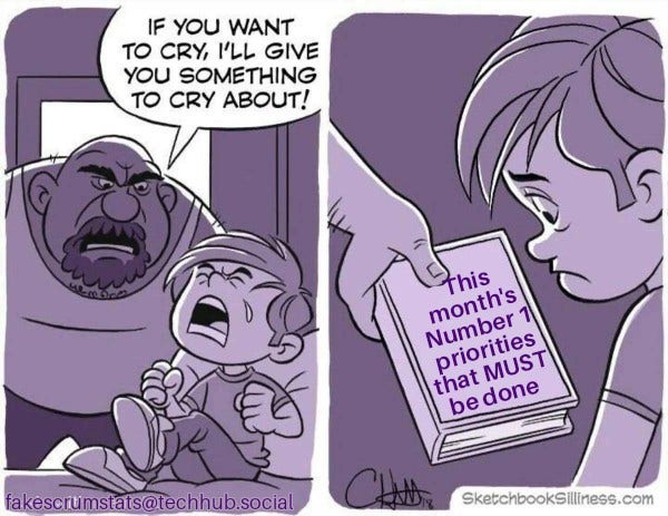 Two panel comic.
First panel: very large man approaches young boy who is crying on a bed. The man says "If you want to cry, I'll give you something to cry about"

Second panel: He hands a book to the boy who now looks sad. The title of the book is "This month's Number 1 priorities that MUST be done" 